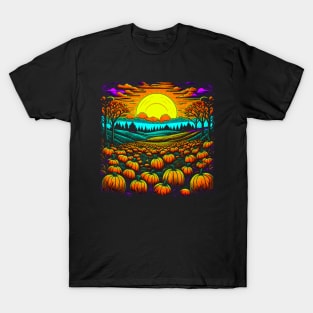 Vintage Retro Sunset Of Pumpkins in the Patch T-Shirt